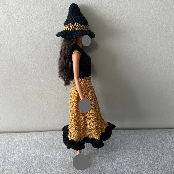 Handmade Crochet Halloween Black Gold Witch Outfit for 29cm Doll 2-Piece Set - Picture 9 of 12